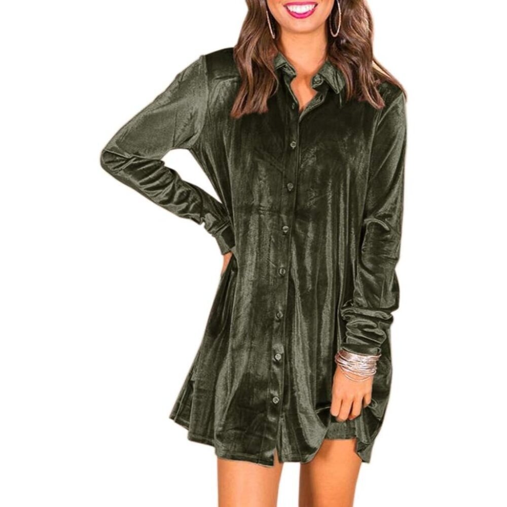 Women's Army Green Velvet Button Down T Shirts Swing Mini Dress Casual Long